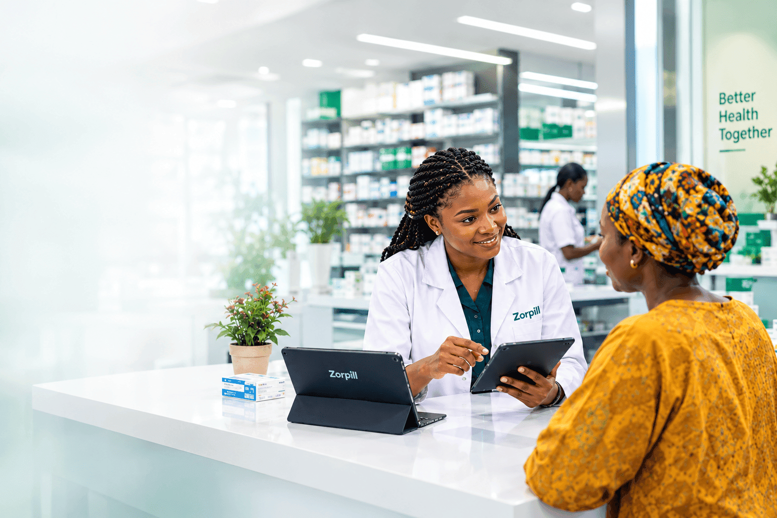 A pharmacist showing a patient their records on a Zorpill tablet